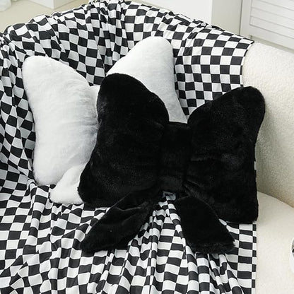 2Pack Soft Furry Bow Throw Pillows Cute Bowknot Plush Pillow Home Decor Stuffed Bow Lumbar Pillow for Bed Couch Living Room Decor (Black&White)
