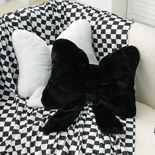 2Pack Soft Furry Bow Throw Pillows Cute Bowknot Plush Pillow Home Decor Stuffed Bow Lumbar Pillow for Bed Couch Living Room Decor (Black&White)