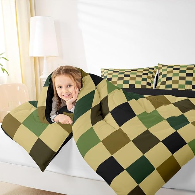 Feelyou Checkered Retro Comforter Set All Season Hunter Green Plaid Bedding Set with 2 Pillow Cases Geometric Camo Army Kids Full Bedclothes Modern Hunting Groovy Aesthetic Bedroom Decor Duvet Quilt