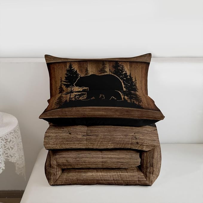 Erosebridal Farmhouse Black Bear Twin Size Comforter Set Rustic Camo Bedding Set Country Cabin Lodge Bedding Comforter Sets,Woodland Animal Quilt 2 Pcs