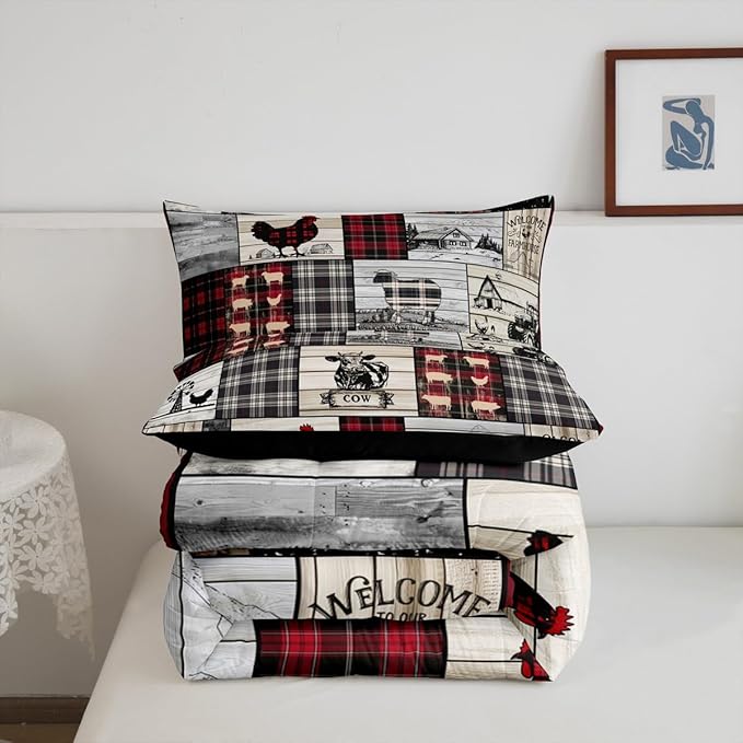 Rustic Farm Animal Comforter Set Retro Buffalo Plaid Farmhouse Cabin Bedding Sets Full Country Sheep Chicken Cow Print Comforter For Lodge,Patchwork Grid Windmill Quilt Set Red Black Grey 3 Pcs