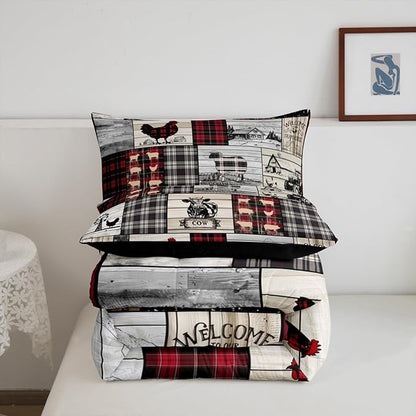 Rustic Farm Animal Comforter Set Retro Buffalo Plaid Farmhouse Cabin Bedding Sets Queen Country Sheep Chicken Cow Print Comforter For Lodge,Patchwork Grid Windmill Quilt Set Red Black Grey 3 Pcs