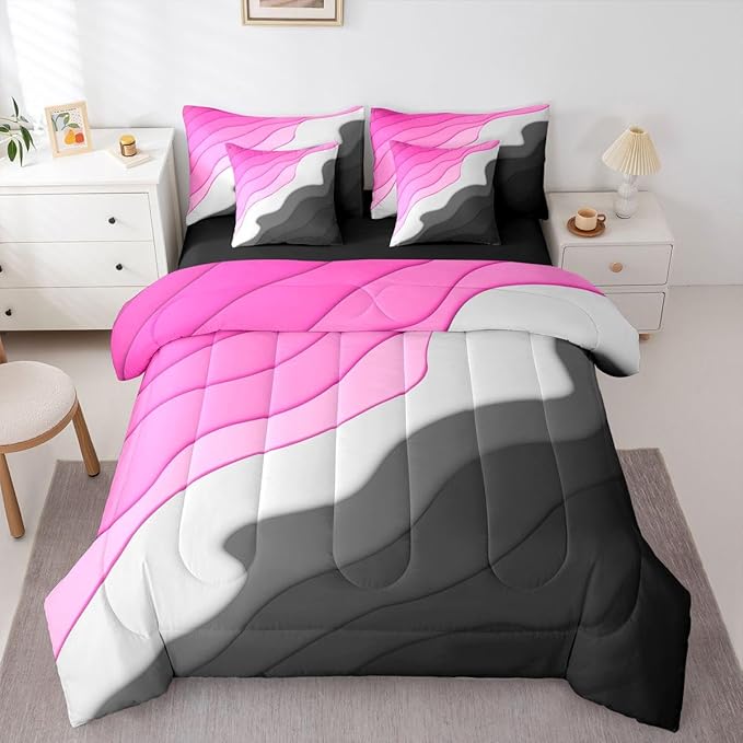 Erosebridal Pink Grey Black Ombre Bed in a Bag 7-Piece Kids Teens Adults Geometric Stripe Bedding Set, Aesthetic Wave Full Size Comforter Set Modern Abstract Bedding Comforter Sets, Gradient Bed Set