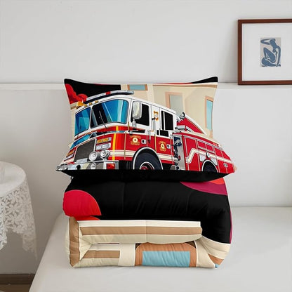 Erosebridal Fire Truck Bedding Set for Boys, Cartoon Fire Rescue Vehicle Comforter Set Child Car Down Comforter, Bedroom Decorations Quilted Duvet for Kids Teens Child Teenager Girls, Twin Size