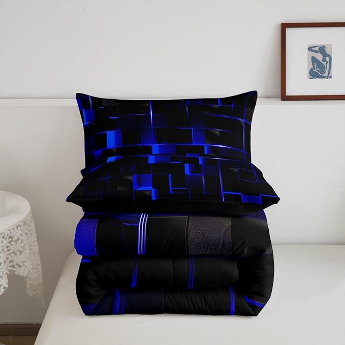 Erosebridal Neon Blue Black Comforter Set Twin Size 2 Piece Geometric Kids Bedding Set Honeycomb Comforter for Teens Women Adult Bedroom Decor, Aesthetics Modern Quilt
