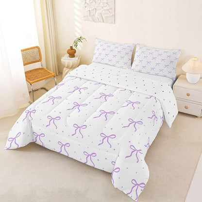 Erosebridal Ribbon Bow Bedding Set Twin for Girls Women Coquette Bows Comforter Set for Kids Teen Girls Women Bedroom Preppy Princess Bowknot Comforter Girly Purple Bow Quilt Duvet