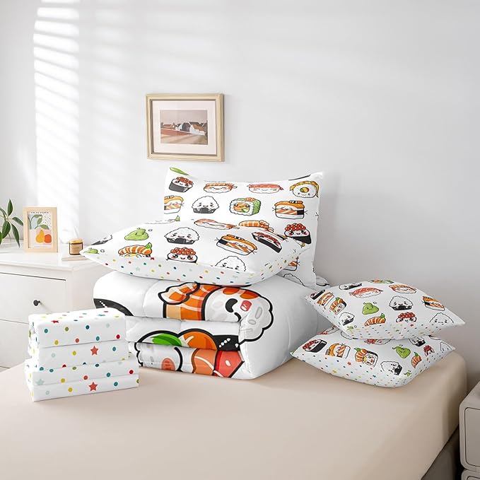 Feelyou Cute Sushi Comforter Set Twin Size 7 Pcs Japanese Nigiri Comforter Bed in a Bag Kawaii Japan Mustard Bedding Set for Boys Girls Teens Bed Set with Sheets, Pillowcases, Pillow Covers