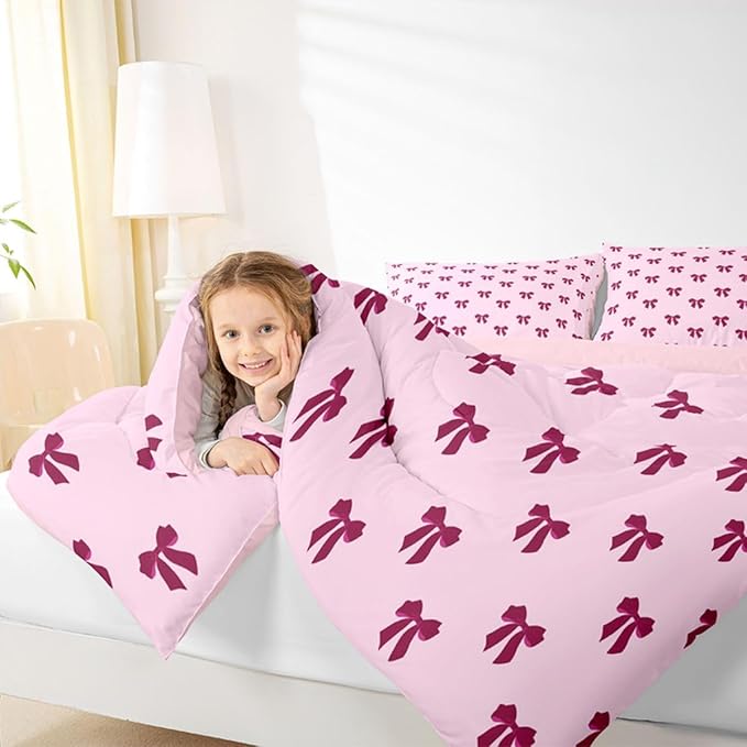Erosebridal Pink Bow Bedding Set Queen Size Coquette Bows Comforter Set for Kids Teen Girls Women Bedroom Cute Preppy Bowknot Quilt Duvet Modern Trendy Girly Aesthetic Comforter