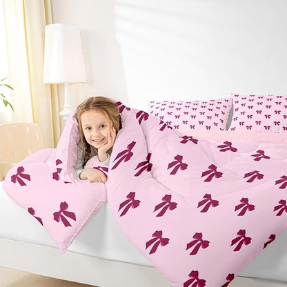 Erosebridal Pink Bow Bedding Set Queen Size Coquette Bows Comforter Set for Kids Teen Girls Women Bedroom Cute Preppy Bowknot Quilt Duvet Modern Trendy Girly Aesthetic Comforter
