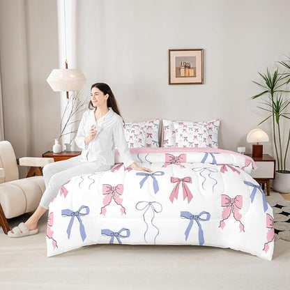 Erosebridal Bowknot King Comforter Set Bow 7-Piece Bed in A Bag Sweet Ribbon Dreamy Fairy Kawaii Sheets and Pillowcases Pink White Bed Sets