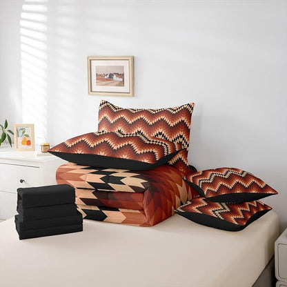 Erosebridal 7 Piece Aztec Native Bedding Set Full Exotic Brown Western Comforter Set Tribal Geometric Southwestern Bed in A Bag for Kids Boys Men Vintage Bohemian Stripes Quilt with Flat Fitted Sheet