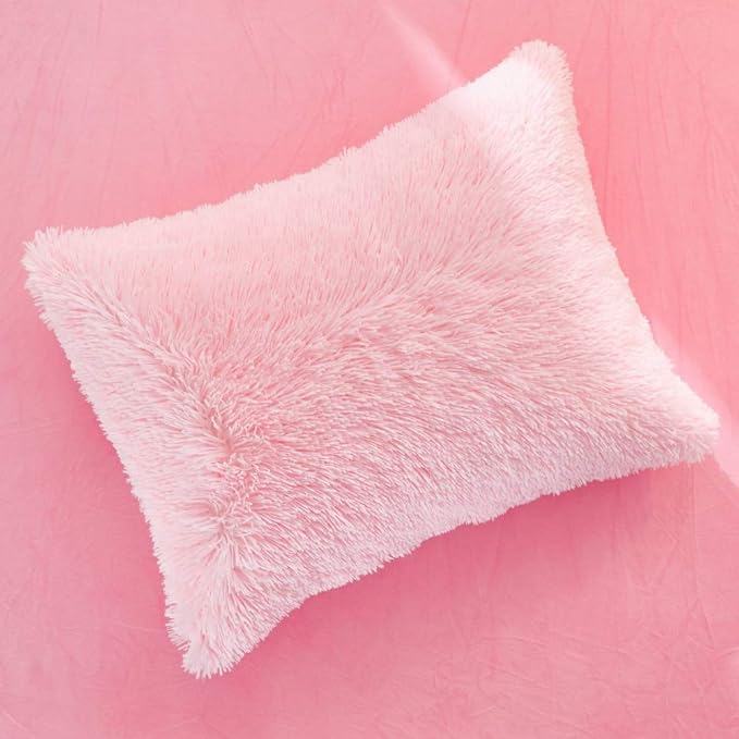 Flysheep Luxury Faux Fur King Size Winter Comforter Set Shaggy Velvet Blush Pink Long Hair, 3 Pieces Plush Flannel Sherpa Backing Reversible Soft Microfiber Super Warm Bedding Set for Holiday
