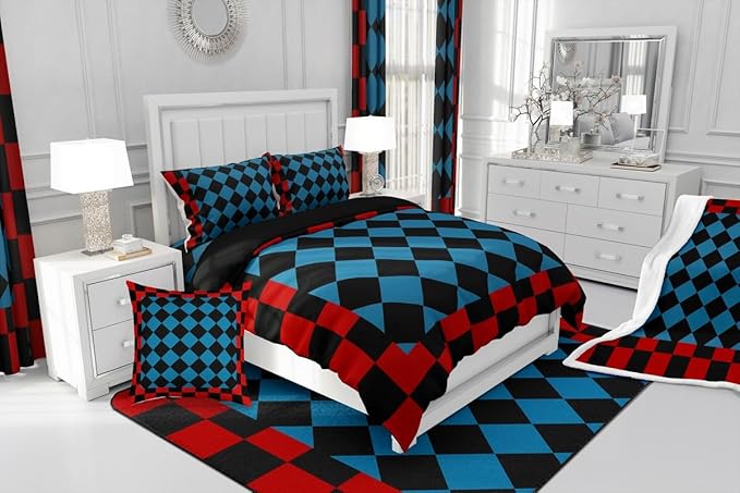 Feelyou Checkered Retro Bedding Set for Boys Girls Red Blue Black Plaid Comforter Set King Size Geometric Vintage Duvet Quilt Modern Simple Groovy Aesthetic Bedroom Decor 3 Pcs with 2 Pillow Cases