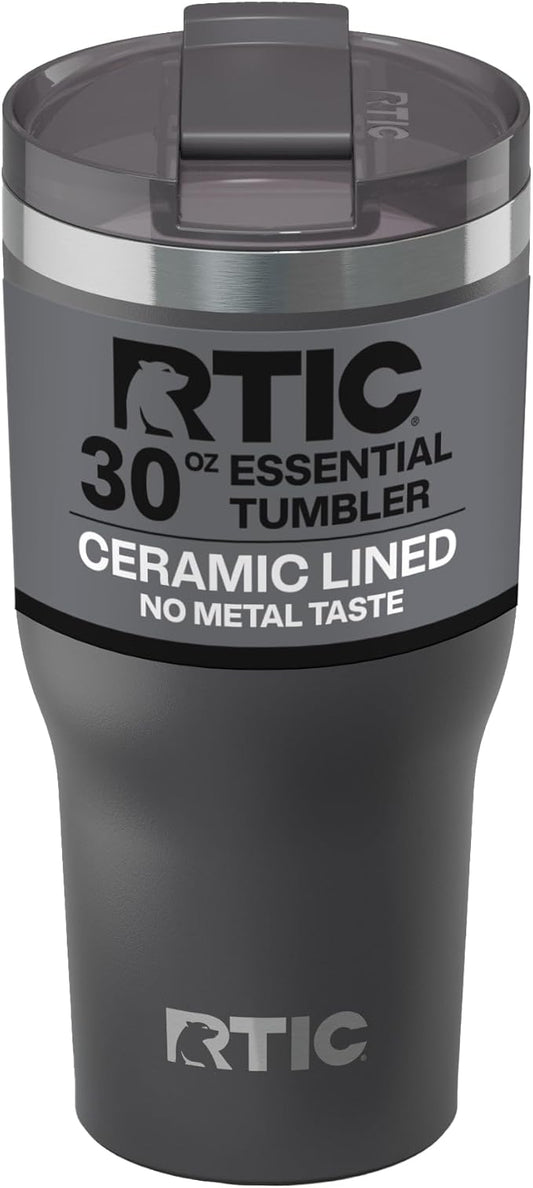 RTIC 30oz Essential Tumbler with Lid, Ceramic Lined, Insulated, Stainless Steel, Metal, Double Wall Vacuum-Insulation, Travel Cup for Iced Coffee, Tea, Hot and Cold Drink, Graphite