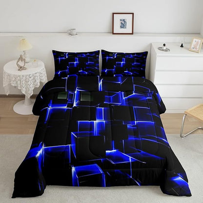 Erosebridal Abstract Comforter Set, Modern Geometric Grid Square Queen Bedding Sets, Blue Black Honeycomb Duvet Insert Soft Microfiber Polyester Bed Set for Kids Boys Bedroom