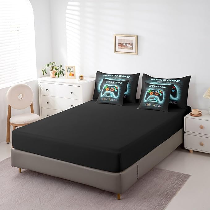 jejeloiu Teal Gamer Gaming 7 Piece Bedding Set King Size for Boys Game Console Comforter Set with Sheets Kids Teens Neon Light Bed in a Bag Cool Game Room Decor Bed Set