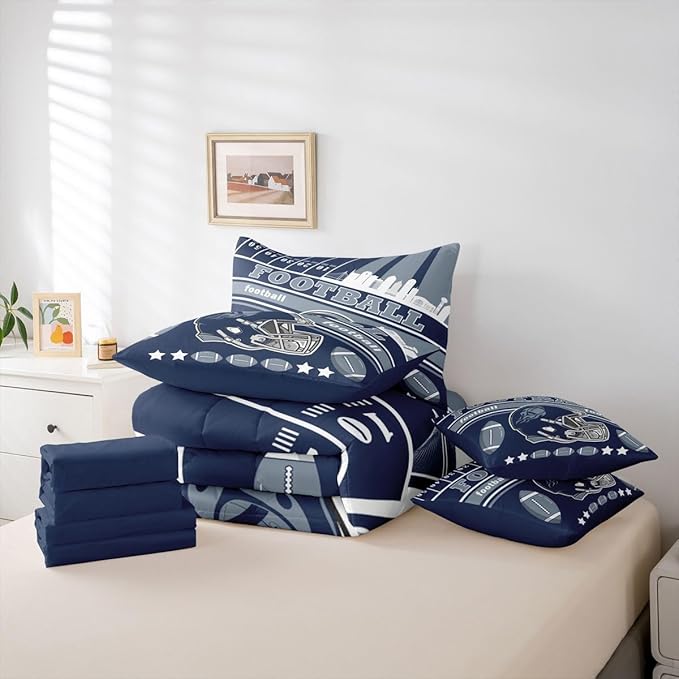 Feelyou Football 7 Pieces Comforter Sets Twin Size Kids Bedding Set for All Season Rugby Sports Football City Bed in a Bag with Comforter, Sheets, Pillowcases & Cushion Cover