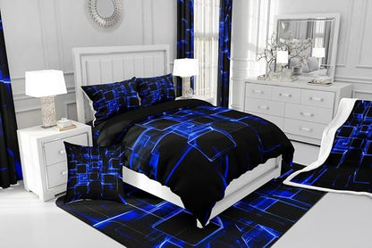 Erosebridal Honeycomb Blue and Black Kids Comforter Set, Modern Geometric Square Bedding for Boys Girls Gradient Neon Light Abstract Duvet Set King 3 Pieces