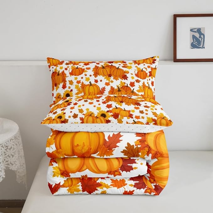 Erosebridal Fall Pumpkin Comforter Set Full Autumn Maple Leaves Bedding Set Thanksgiving Harvest Season Decor Comforter for Home,Rustic Farmhouse Sunflower Quilt Duvet Set 2 Pillow Cases Orange White