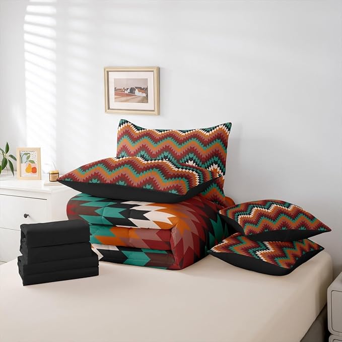 Erosebridal 7 Piece Aztec King Comforter Set with Sheets Western Native Tribal Bed in A Bag Rustic Southwestern Bedding Sets for Teens Teenager Farmhouse Mexican Geometric Striped Bed Set