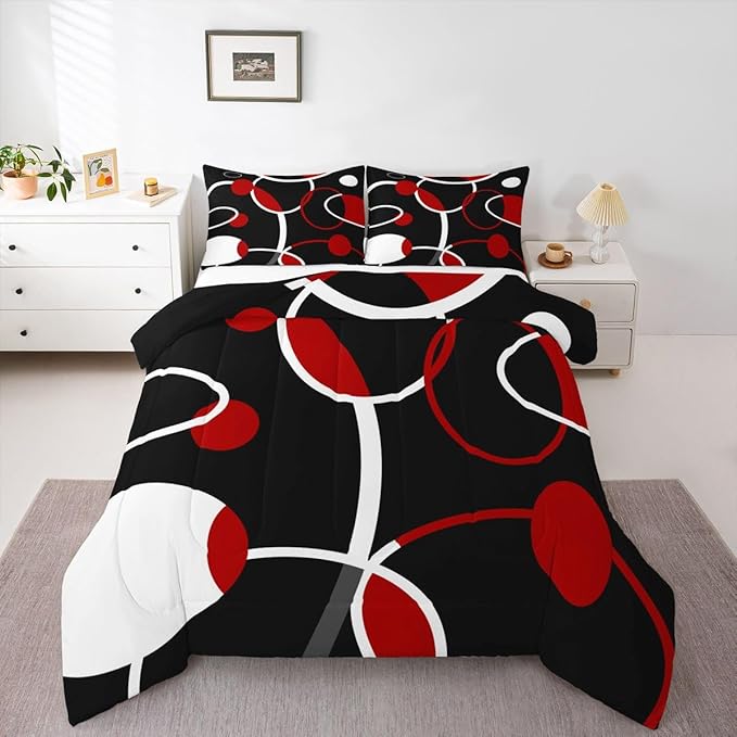 Erosebridal Geometric Comforter Set King Black and Red Circles Bedding Set, White Stripe Duvet Insert Abstract Modern Quilt Sets, Aesthetic Lines Bedding Comforters & Sets Minimalism Bedroom Decor