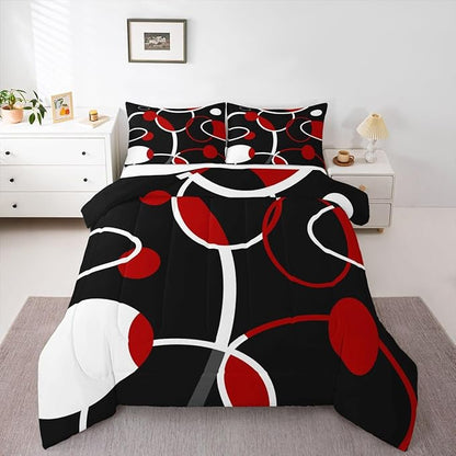 Erosebridal Geometric Comforter Set King Black and Red Circles Bedding Set, White Stripe Duvet Insert Abstract Modern Quilt Sets, Aesthetic Lines Bedding Comforters & Sets Minimalism Bedroom Decor