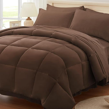Anluoer Queen Comforter Set 7 Piece, Brown Bed in a Bag with Comforters, Pillow Shams, Pillowcases, Flat Sheet, Fitted Sheet