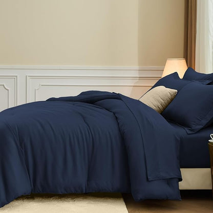 FUANNA Queen Comforter Set Navy Blue, 7 Pieces Soft Bedding Sets Queen Size, All Season Lightweight Bed in a Bag with Comforter, Flat Sheet, Fitted Sheet, Pillowcases & Shams