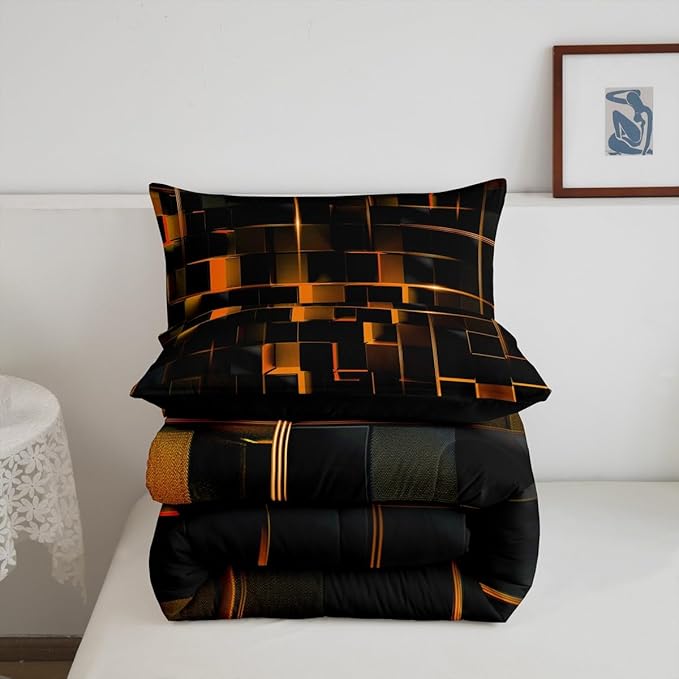 Erosebridal Geometric Ornage Black Twin Bedding Set,Light Honeycomb Comforter Set Decor Quilt for Kids Women Adult, Modern Abstract Duvet Insert Microfiber Lightweight All Season