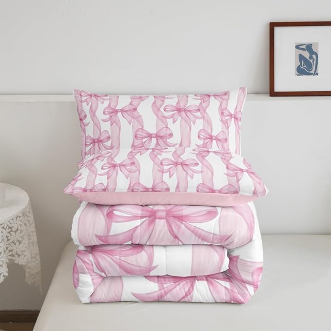 Girls Pink Bow Comforter Set King Size,Sweet Bow Ribbon Print Bedding Sets 3Pcs,Princess Style Girly Quilted Duvet for Kids Teens Woman Youth Room Decor,Bowkont Lines Down Comforter,2 Pillowcases