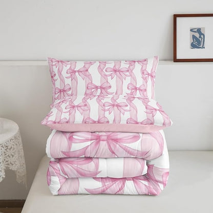 Girls Pink Bow Comforter Set King Size,Sweet Bow Ribbon Print Bedding Sets 3Pcs,Princess Style Girly Quilted Duvet for Kids Teens Woman Youth Room Decor,Bowkont Lines Down Comforter,2 Pillowcases