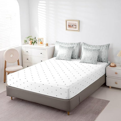 Comforter Set Queen Size, Silver White Aztec Damask 7 Pcs Bedding for Kids Adults, Victorian Decor Western Baroque Goth Bed Sheet Sets with Fitted Sheet 2 Pillowcases & 2 Shams for Bedroom Bed Decor