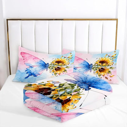 Butterfly Comforter Set Queen 3 Pieces Blue Pink Green Tie Dye Bedding Set for Kids Teens Butterflies Floral Sunflower Comforter with 2 Pillowcases, Super Soft Microfiber All Season