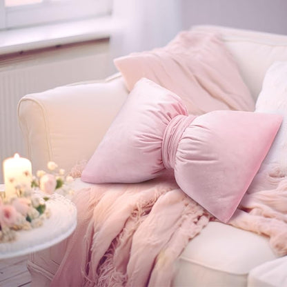 Pink 2 Pcs Bow Pillow 12 x 18 Inch Coquette Throw Pillows Large Bow Shaped Velvet Cushion Coquette Decorative for Girls Room Bed Sofa Couch Car Decorations