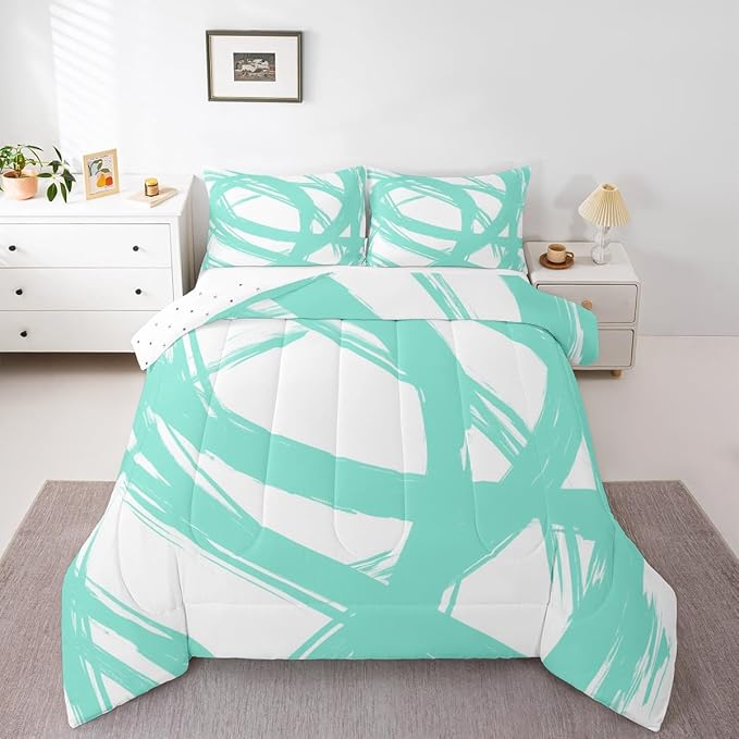 Erosebridal Turquoise and White Abstarct Toddler Bedding Set,Aesthetic Geometric Comforter Set for Minimalists,Graffiti Stripes Lines Quilt,Contemporary Boho Modern Art Duvet Insert for Minimalism