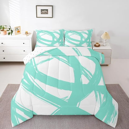 Turquoise and White Striped Bedding Set Full for Adults Youth Teens,Contemporary Boho Modern Art Comforter Set,Graffiti Stripes Lines Quilt,Aesthetic Geometric Duvet Insert for Minimalists