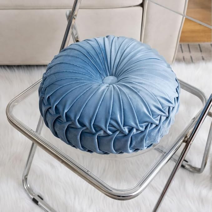 MOCOFO Round Velvet Throw Pillow, Pumpkin Shape Decorative Floor Cushion, Handcrafted Pleated Design, 14 and 16 Inch Diameter, Multiple Colors, Polyester Fill (Sky Blue, 16")