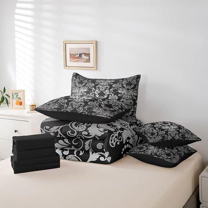 Erosebridal Gothic Damask Bed in a Bag King Size Comforter Set 7 Pieces,Butterfly Skull Bedding Sets Black White Victorian Floral Goth Sheet Set with Comforter