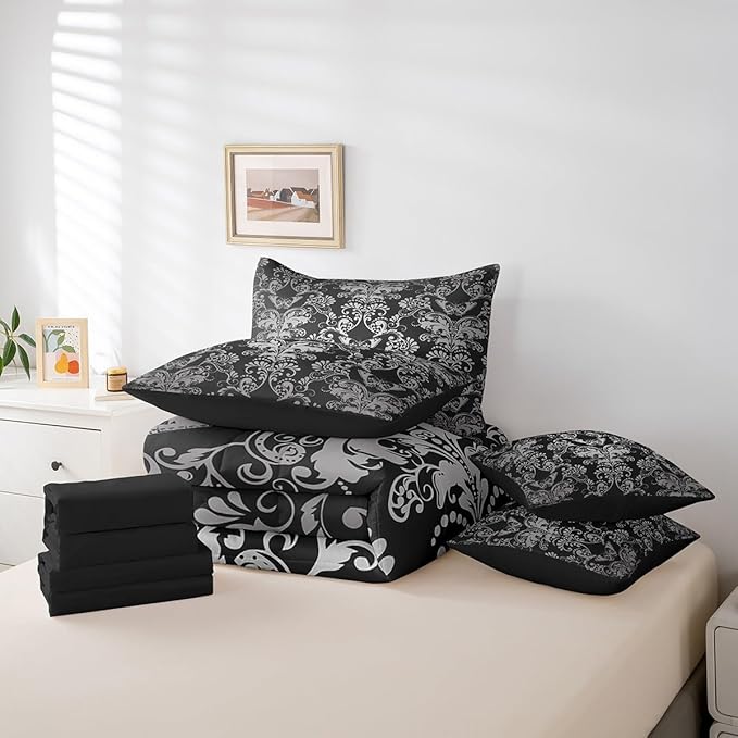 Erosebridal Gothic Damask Comforter Set 7 Piece Bed in a Bag Twin,Butterfly Skull Bedding Sets Black White Victorian Floral Goth Sheet Set with Comforter