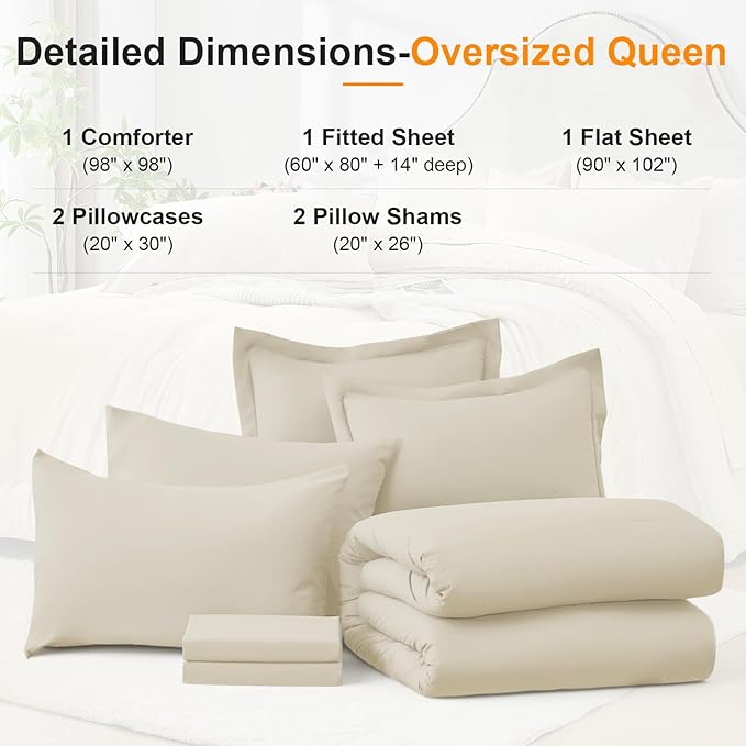 Oversized Queen Comforter Set 7 Piece - Soft Bed in a Bag Queen Size Comforter Sets, Cozy Bedding Sets with All Season Comforter, Flat Sheet, Fitted Sheet,2 Pillowcases & 2 Shams, Beige