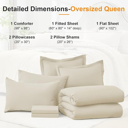 Oversized Queen Comforter Set 7 Piece - Soft Bed in a Bag Queen Size Comforter Sets, Cozy Bedding Sets with All Season Comforter, Flat Sheet, Fitted Sheet,2 Pillowcases & 2 Shams, Beige