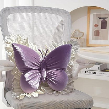 Butterfly Throw Pillow,21.6 inch Velvet Butterfly Decorative Pillow with Lace Trim,Animal Pillow for Couch Living Room Bed,Home Garden Decor (Purple)