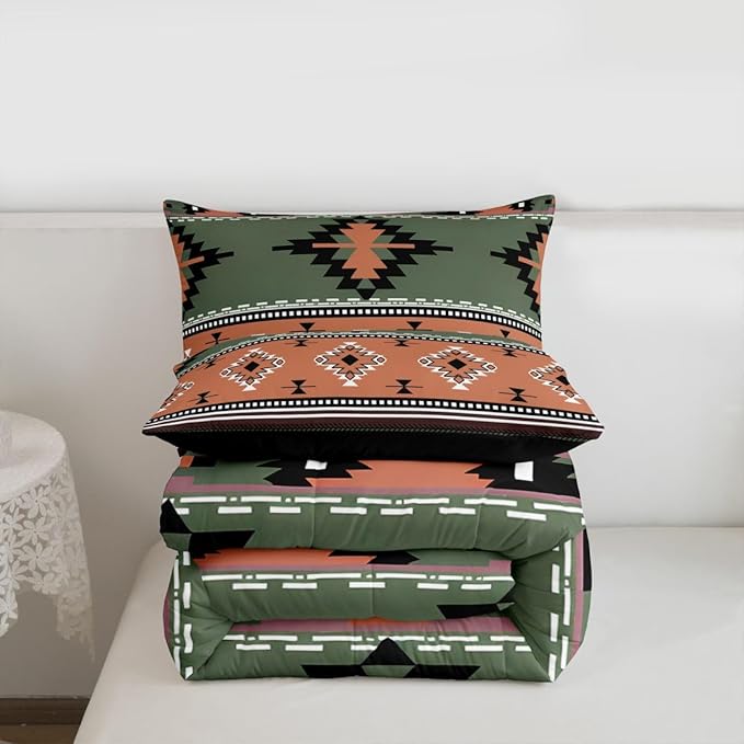 Erosebridal Southwestern Comforter Set Twin Bohemian Geometric Quilt,Ethnic Tribal Arrow Bedding Set Western Duvet Insert,Country Decor Western Room Decor for Bedroom Green Brown