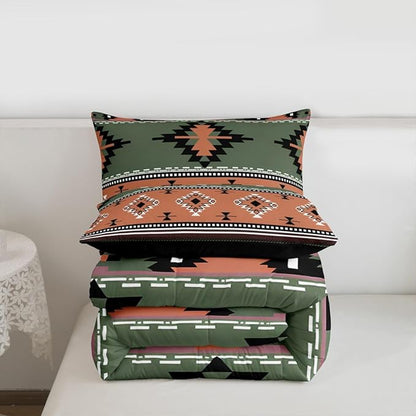 Erosebridal Southwestern Comforter Set Twin Bohemian Geometric Quilt,Ethnic Tribal Arrow Bedding Set Western Duvet Insert,Country Decor Western Room Decor for Bedroom Green Brown