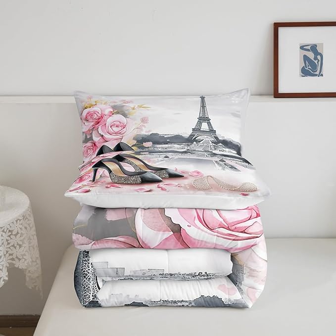 High-Heeled Shoes Princess Kids Comforter Set Twin Size,Roses Flowers Paris Eiffel Tower Bedding Set,Women Girls Room Decor,Glitter Diamond Romantic Down Comforter,Pink Duvet Insert,1 Pillowcase