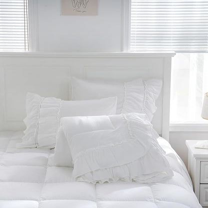 Boho Bedding Comfrter Queen White Comforter Set Shabby Chic Bedding 2 Layers Ruffles Home Decor Farmhouse Bed Comforter 1 Comforter 2 Pillowcases (White, Queen)
