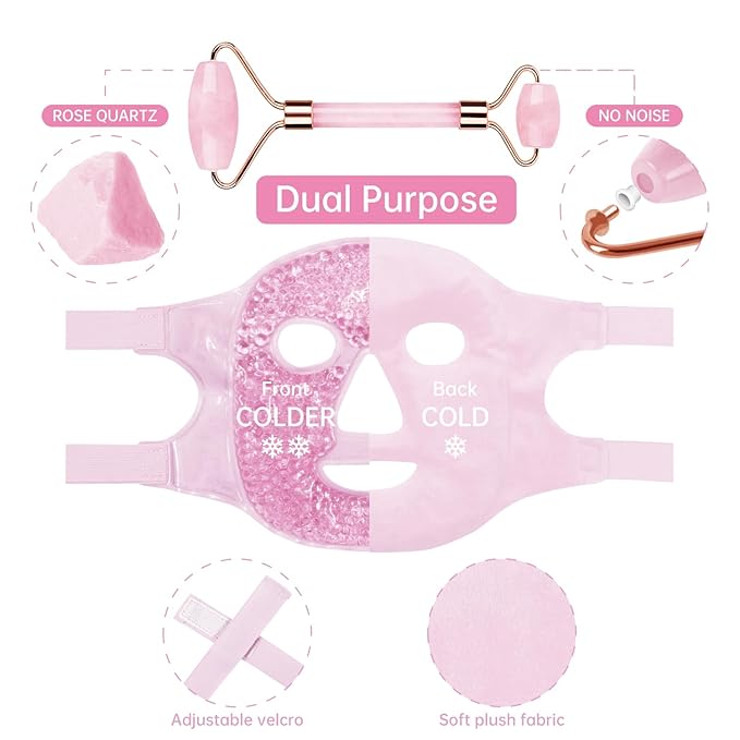 ZNÖCUETÖD Ice Face Facial Jade Roller and Ice Face Mask Cold Cooling Gel Mask Gift Set for Women Aging Wrinkles Lifting Firming Puffy Eyes, Eye Face Neck Roller Massager SPA Tools