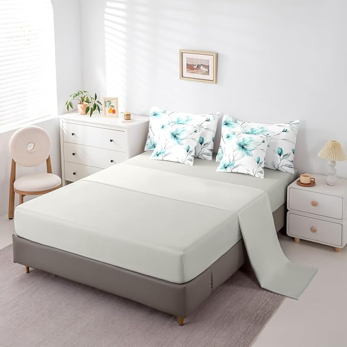 Erosebridal Teal Flower Queen Comforter Set with Sheets for Women, Bohemian Floral 7 Pcs Bedding Set, Watercolor Flower Artistic Bed in A Bag for Girls, Ink Painting Style Blossom & Leaf Bed Sets