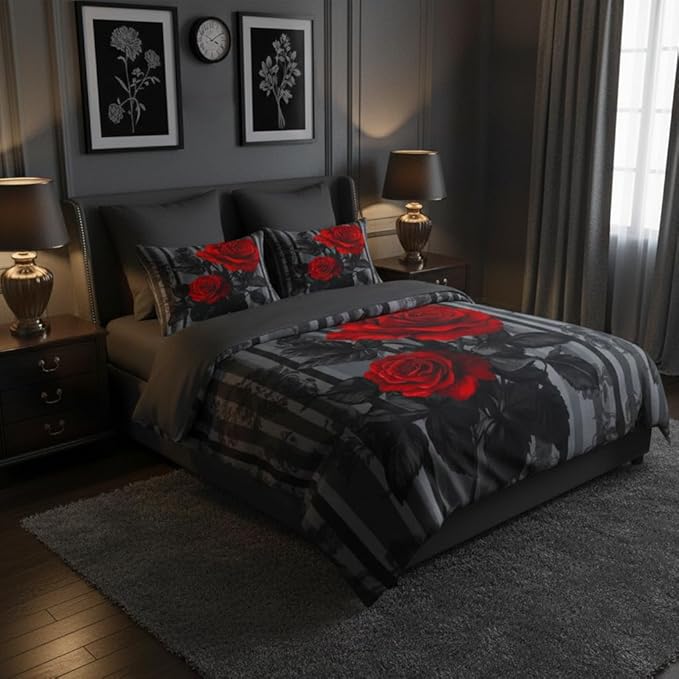 Black Red Comforter Set King Size Women Red Rose Bedding Set with Black Grey Stripe Background, Suitable for Gothic Vintage Decor, 2 Pillowcases, 3Piece