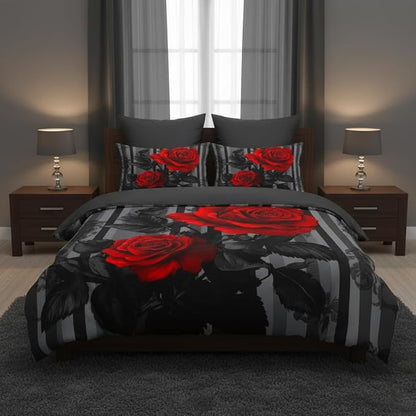 Black Red Comforter Set King Size Women Red Rose Bedding Set with Black Grey Stripe Background, Suitable for Gothic Vintage Decor, 2 Pillowcases, 3Piece